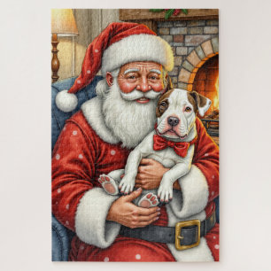 Santa Claus Holding Bull Terrier Christmas Art Jigsaw Puzzle