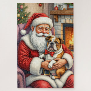 Santa Claus Holding Bulldog Christmas Art Jigsaw Puzzle