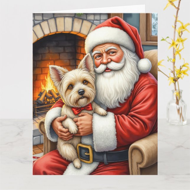 Santa Claus Holding Cairn Terrier Christmas Art Card (Yellow Flower)