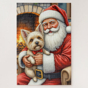 Santa Claus Holding Cairn Terrier Christmas Art Jigsaw Puzzle