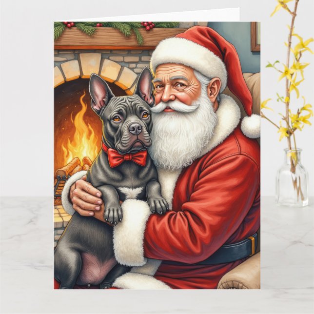 Santa Claus Holding Cane Corso Christmas Art Card (Yellow Flower)