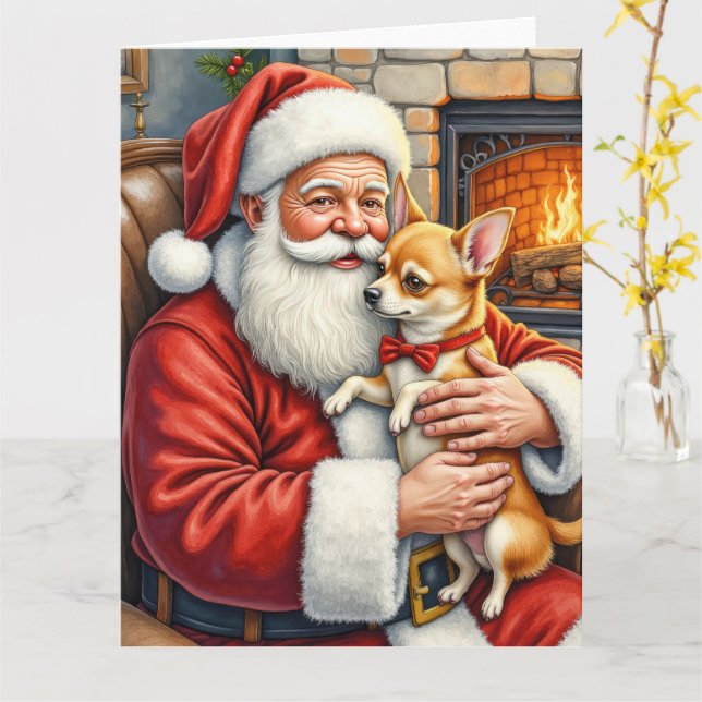Santa Claus Holding Chihuahua Christmas Art Card (Yellow Flower)