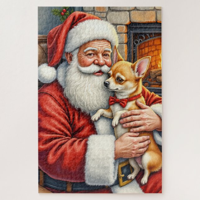 Santa Claus Holding Chihuahua Christmas Art Jigsaw Puzzle (Vertical)