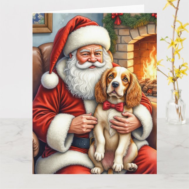 Santa Claus Holding Cocker Spaniel Christmas Art Card (Yellow Flower)