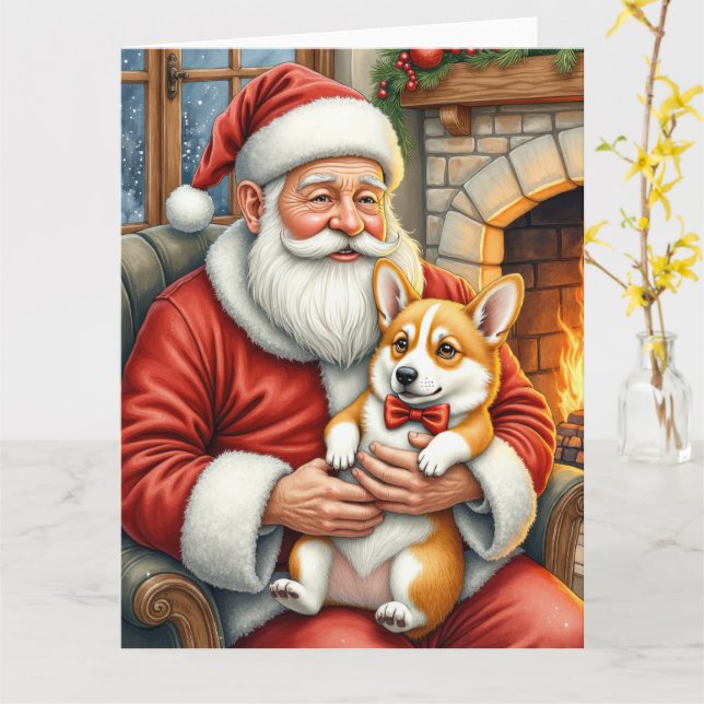 Santa Claus Holding Corgi Christmas Art Card (Yellow Flower)