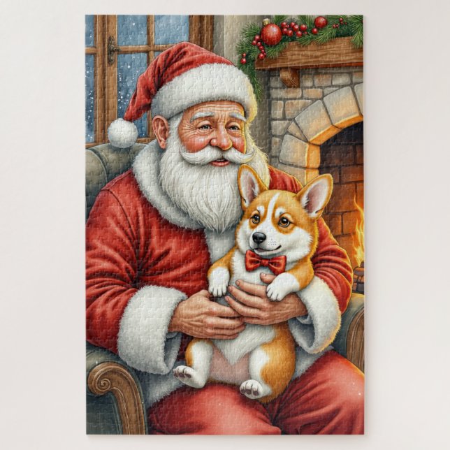 Santa Claus Holding Corgi Christmas Art Jigsaw Puzzle (Vertical)