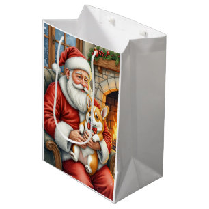 Santa Claus Holding Corgi Christmas Art Medium Gift Bag