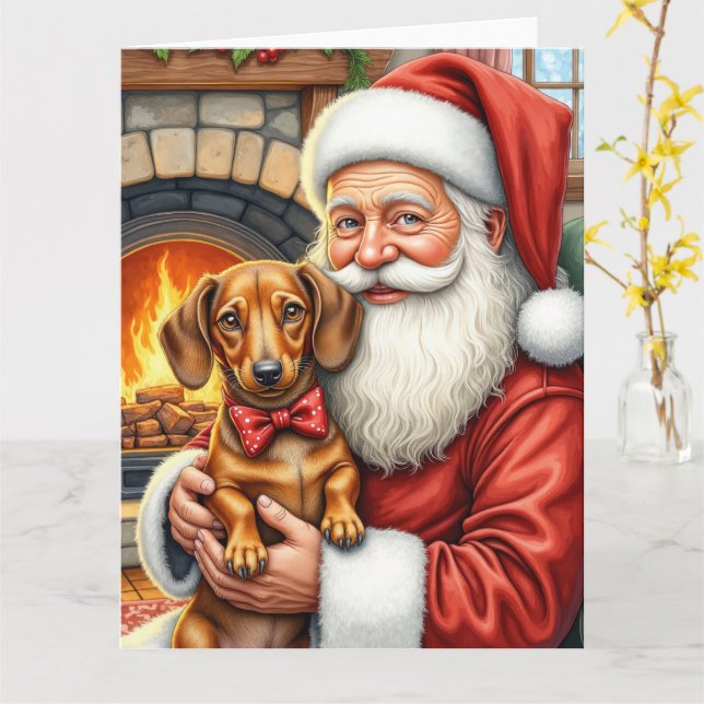 Santa Claus Holding Dachshund Christmas Art Card (Yellow Flower)
