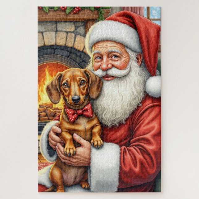Santa Claus Holding Dachshund Christmas Art Jigsaw Puzzle (Vertical)