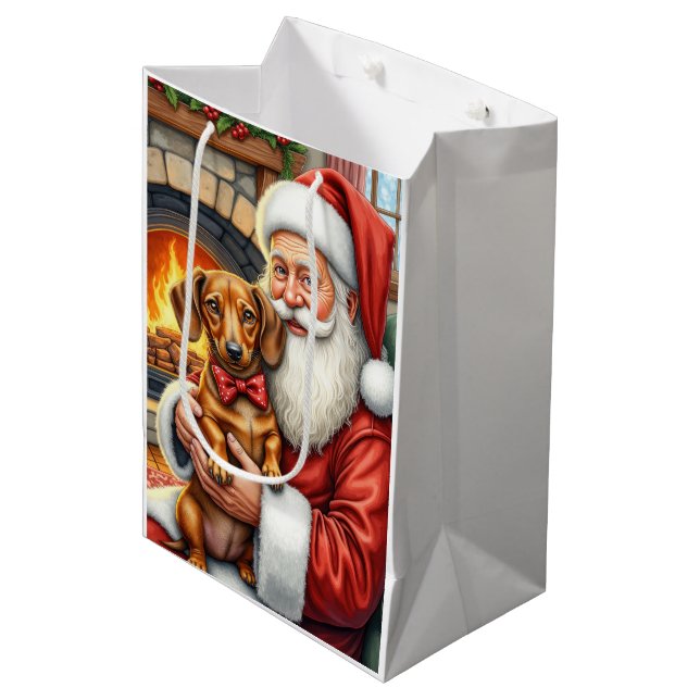 Santa Claus Holding Dachshund Christmas Art Medium Gift Bag (Front Angled)