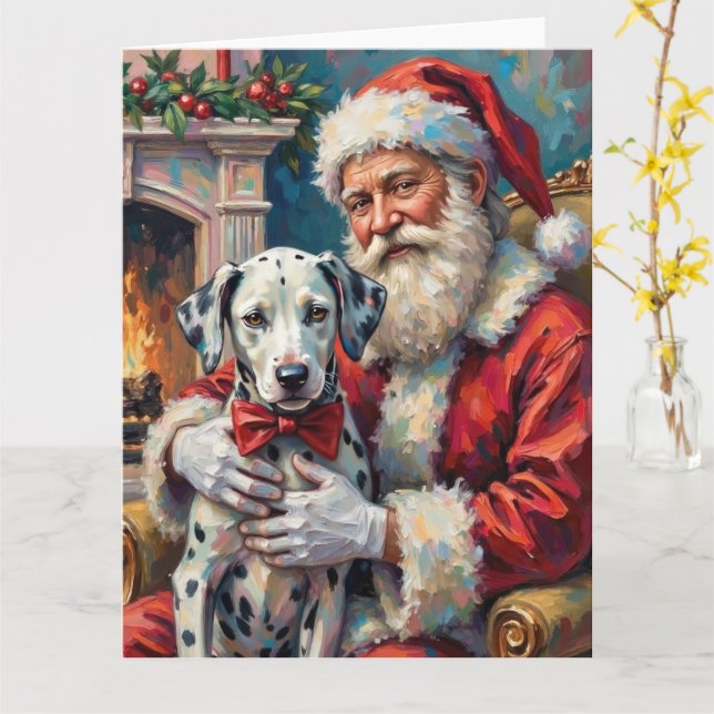 Santa Claus Holding Dalmatian Christmas Art Card (Yellow Flower)
