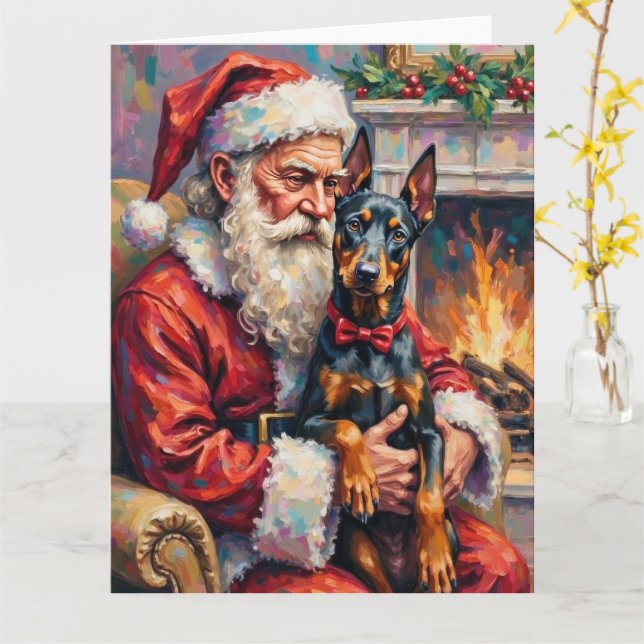 Santa Claus Holding Doberman Christmas Art Card (Yellow Flower)