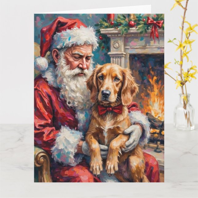 Santa Claus Holding English Setter Christmas Art Card (Yellow Flower)
