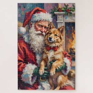 Santa Claus Holding Finnish Lapphund Christmas Art Jigsaw Puzzle