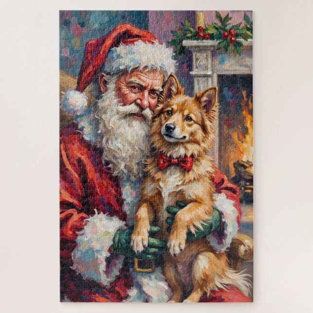 Santa Claus Holding Finnish Lapphund Christmas Art Jigsaw Puzzle (Vertical)