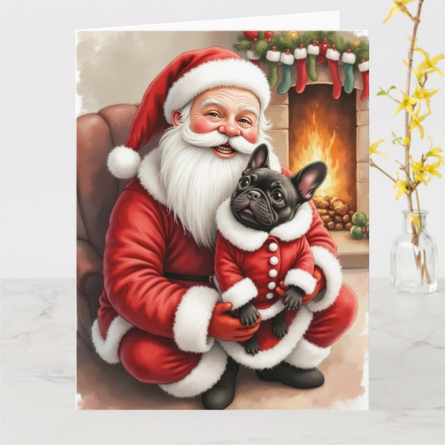 Santa Claus Holding French Bulldog Christmas Art Card (Yellow Flower)