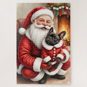 Santa Claus Holding French Bulldog Christmas Art Jigsaw Puzzle