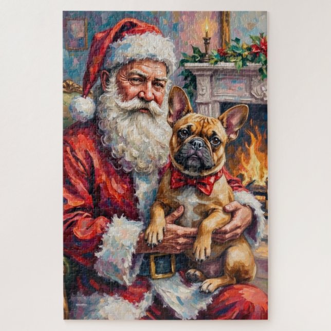 Santa Claus Holding French Bulldog Christmas Art Jigsaw Puzzle (Vertical)