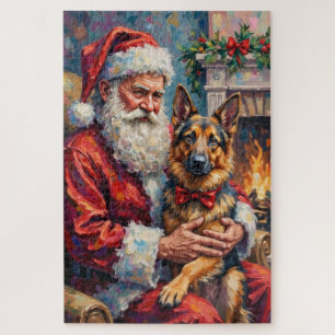 Santa Claus Holding German Shepherd Christmas Art Jigsaw Puzzle