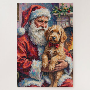 Santa Claus Holding Goldendoodle Christmas Art Jigsaw Puzzle