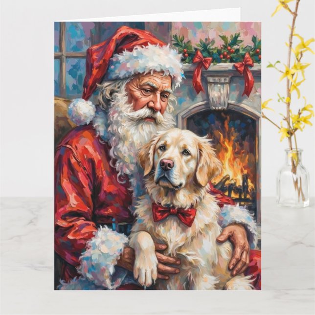 Santa Claus Holding Great Pyrenees Christmas Art Card (Yellow Flower)