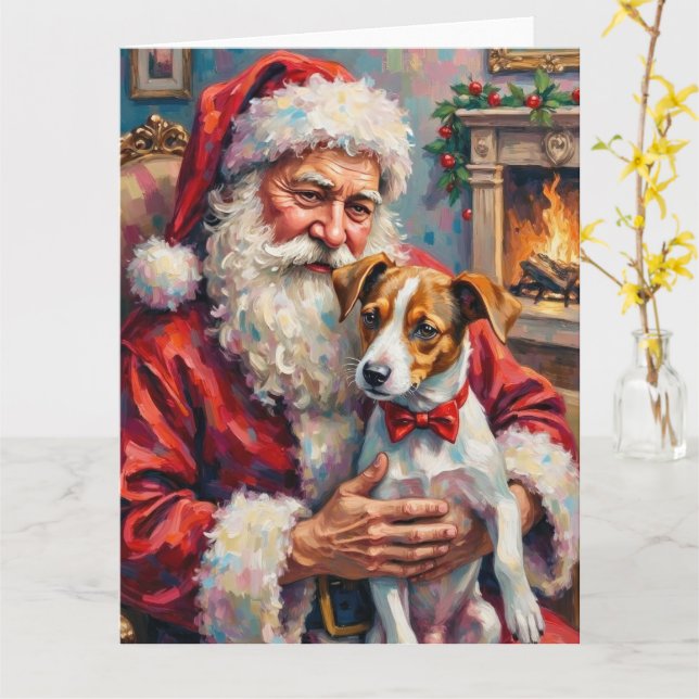 Santa Claus Holding Jack Russell Christmas Art Card (Yellow Flower)