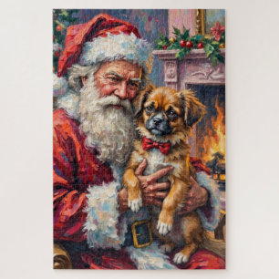 Santa Claus Holding Japanese Chin Christmas Art Jigsaw Puzzle