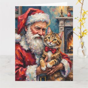 Santa Claus Holding Maine Coon Cat Christmas Art Card