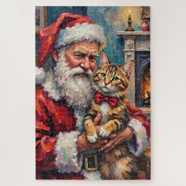Santa Claus Holding Maine Coon Cat Christmas Art Jigsaw Puzzle (Vertical)
