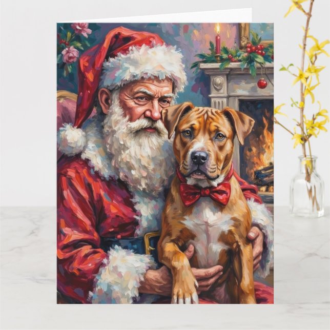 Santa Claus Holding Pitbull Christmas Art Card (Yellow Flower)