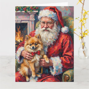 Santa Claus Holding Pomeranian Christmas Art Card
