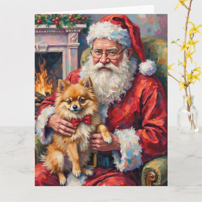 Santa Claus Holding Pomeranian Christmas Art Card (Yellow Flower)