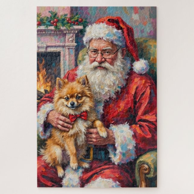 Santa Claus Holding Pomeranian Christmas Art Jigsaw Puzzle (Vertical)