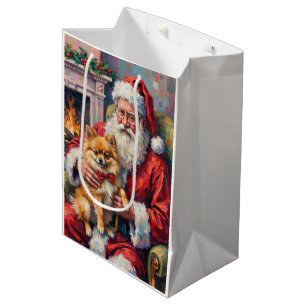 Santa Claus Holding Pomeranian Christmas Art Medium Gift Bag