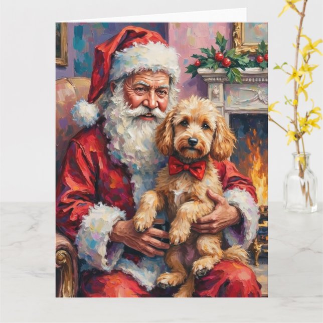 Santa Claus Holding Poodle Christmas Art Card (Yellow Flower)