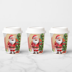 Santa Claus Holding Present Paper Cups