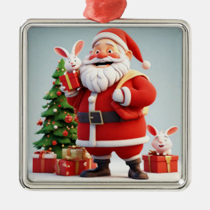 Santa Claus Holding Present with Rabbits Metal Tree Decoration