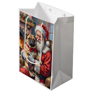 Santa Claus Holding Pug Christmas Art Medium Gift Bag