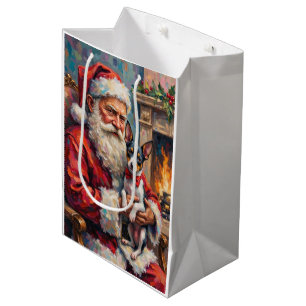Santa Claus Holding Rat Terrier Christmas Art Medium Gift Bag