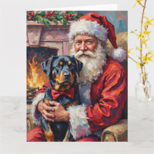 Santa Claus Holding Rottweiler Christmas Art Card