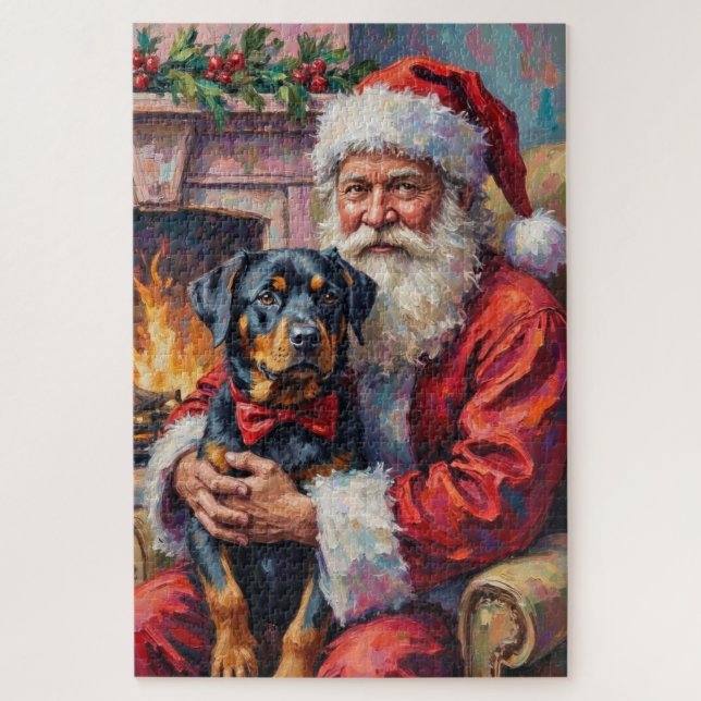 Santa Claus Holding Rottweiler Christmas Art Jigsaw Puzzle (Vertical)
