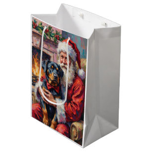 Santa Claus Holding Rottweiler Christmas Art Medium Gift Bag