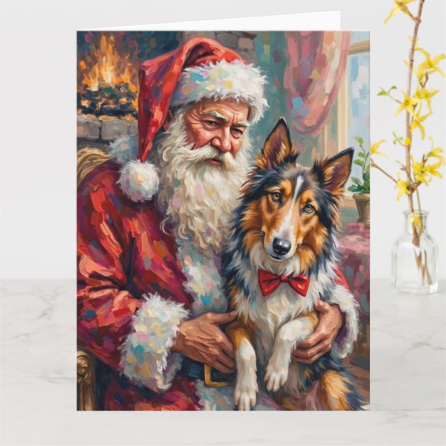 Santa Claus Holding Rough Collie Christmas Art Card (Yellow Flower)