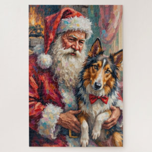 Santa Claus Holding Rough Collie Christmas Art Jigsaw Puzzle