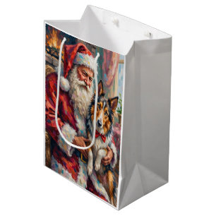 Santa Claus Holding Rough Collie Christmas Art Medium Gift Bag