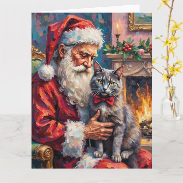 Santa Claus Holding Russian Blue Cat Christmas Art Card (Yellow Flower)