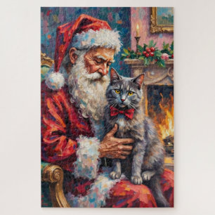 Santa Claus Holding Russian Blue Cat Christmas Art Jigsaw Puzzle