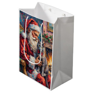 Santa Claus Holding Russian Blue Cat Christmas Art Medium Gift Bag
