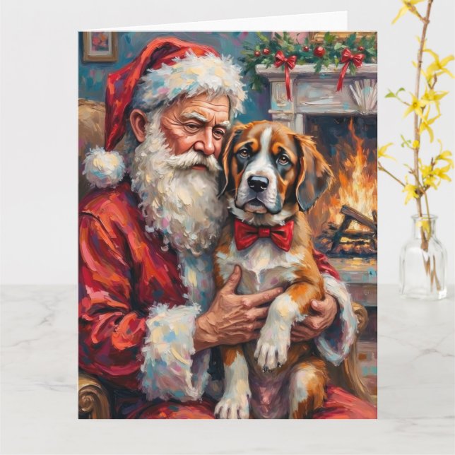 Santa Claus Holding Saint Bernard Christmas Art Card (Yellow Flower)