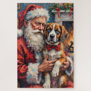 Santa Claus Holding Saint Bernard Christmas Art Jigsaw Puzzle
